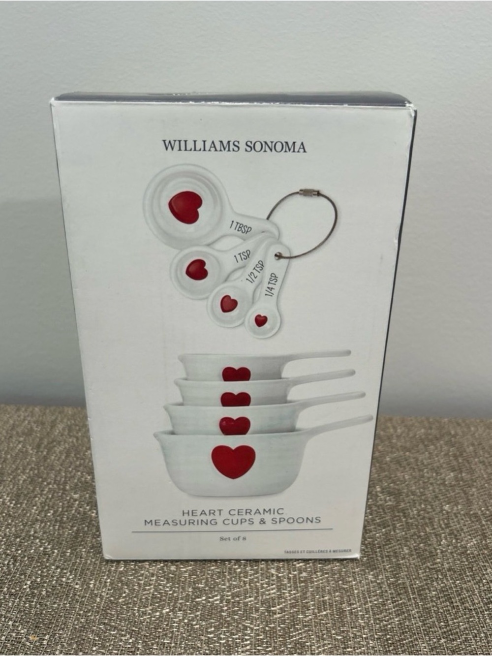 Williams Sonoma White Ceramic Measuring Cups & Spoons with Red Heart Accents!
